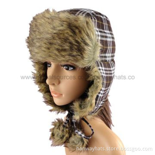 Fashionable plaid and fake fur funny winter hat with earflap and pompoms